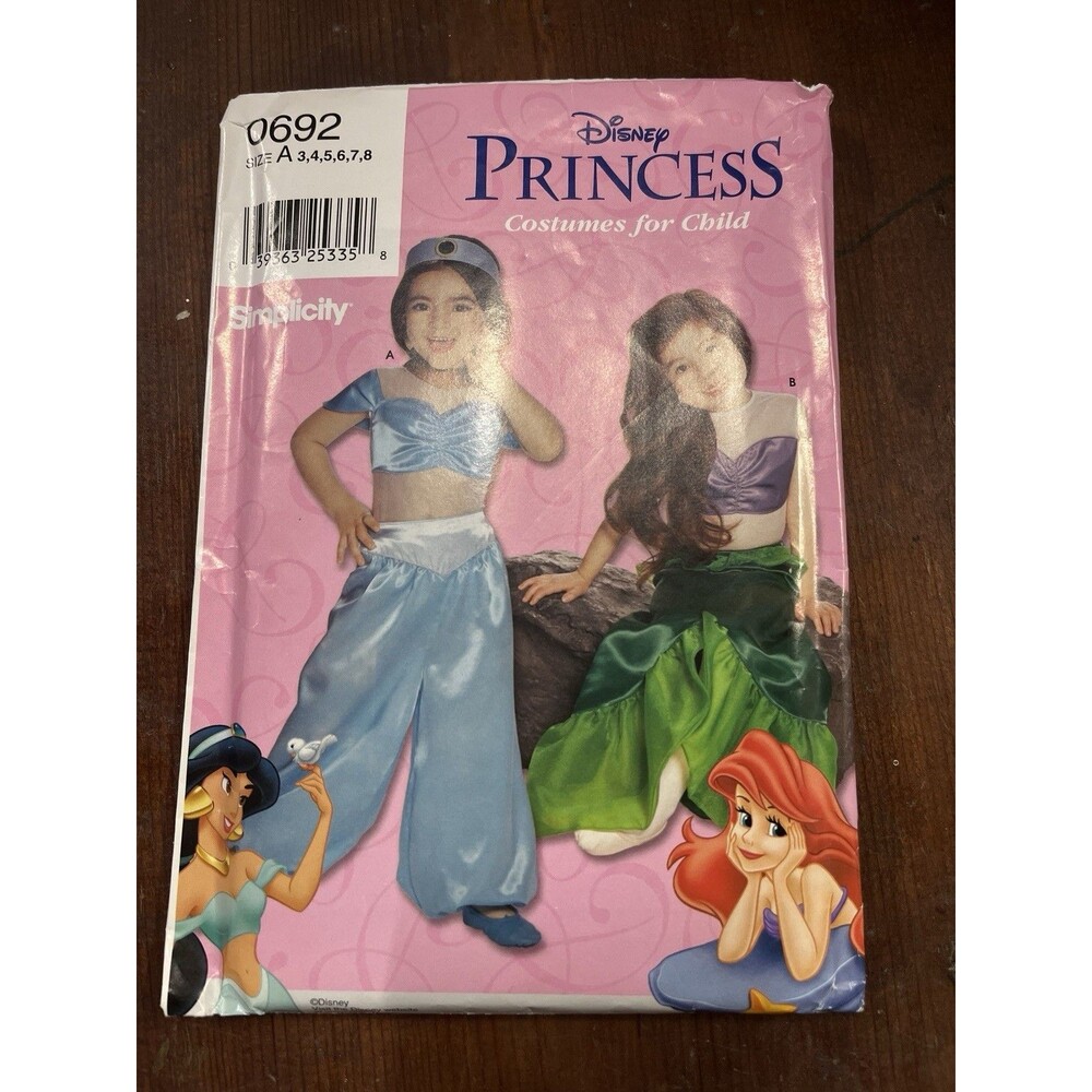 Disney Costume Pattern Jasmine Ariel Uncut Sewing Simplicity 0692 Size 3-8 New